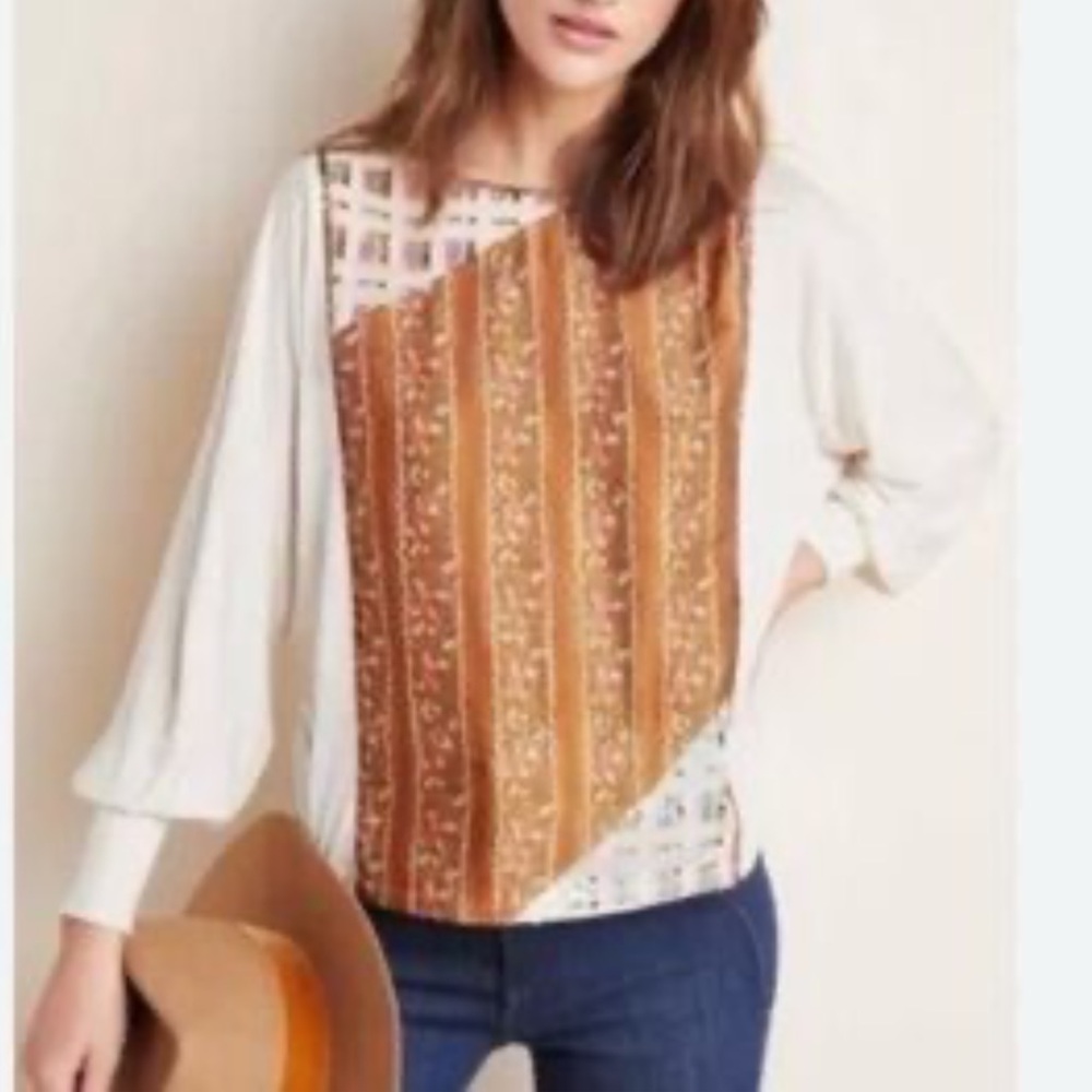 Anthropologie TINY XS‎ Cream Rayon Long Sleeve Tunic Top Sequins Mixed Media